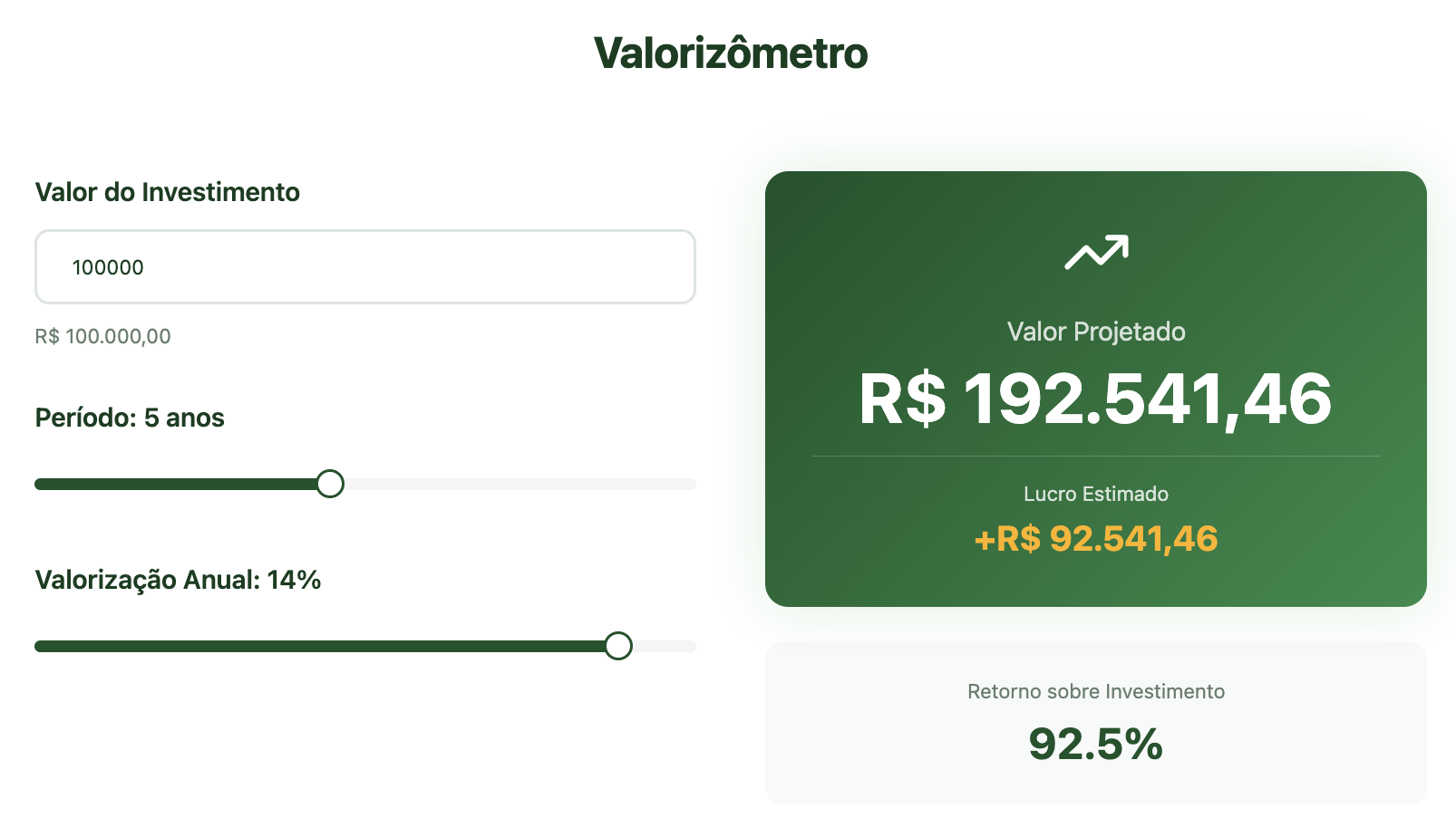 Interface da ferramenta Valorizômetro da DB Real Estate